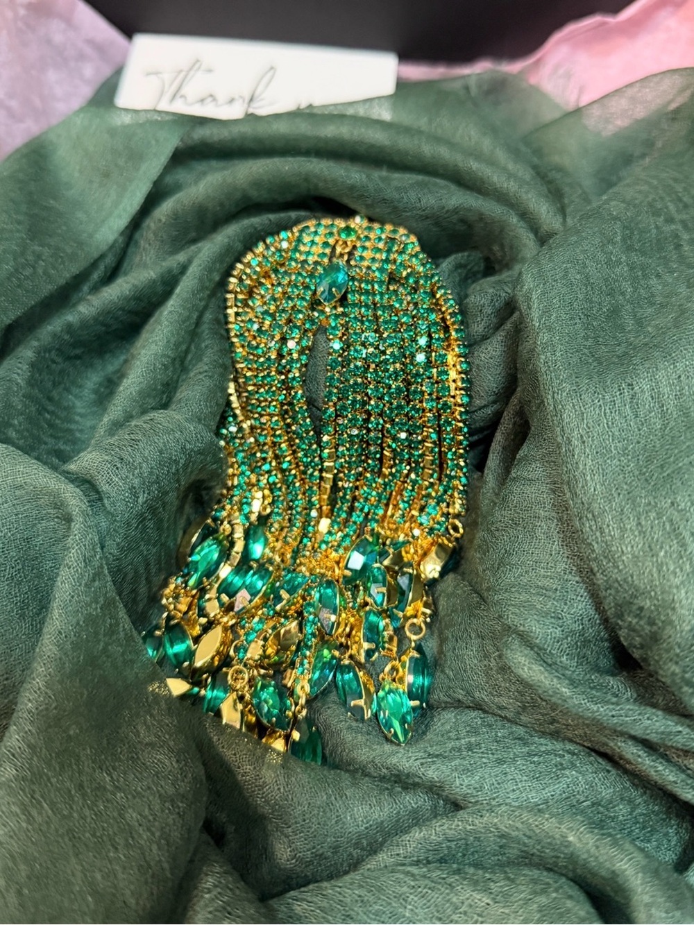 Emerald Green Rhinestone Statement Necklace Gold Tone 155mm